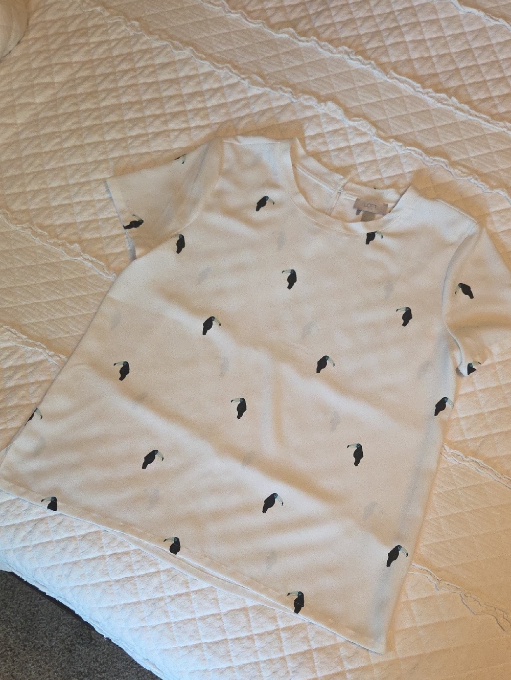 LOFT White Short Sleeve Top with Black Toucan Motif